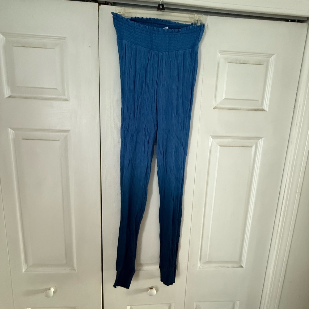 Blue Crinkle High-Waisted Pants